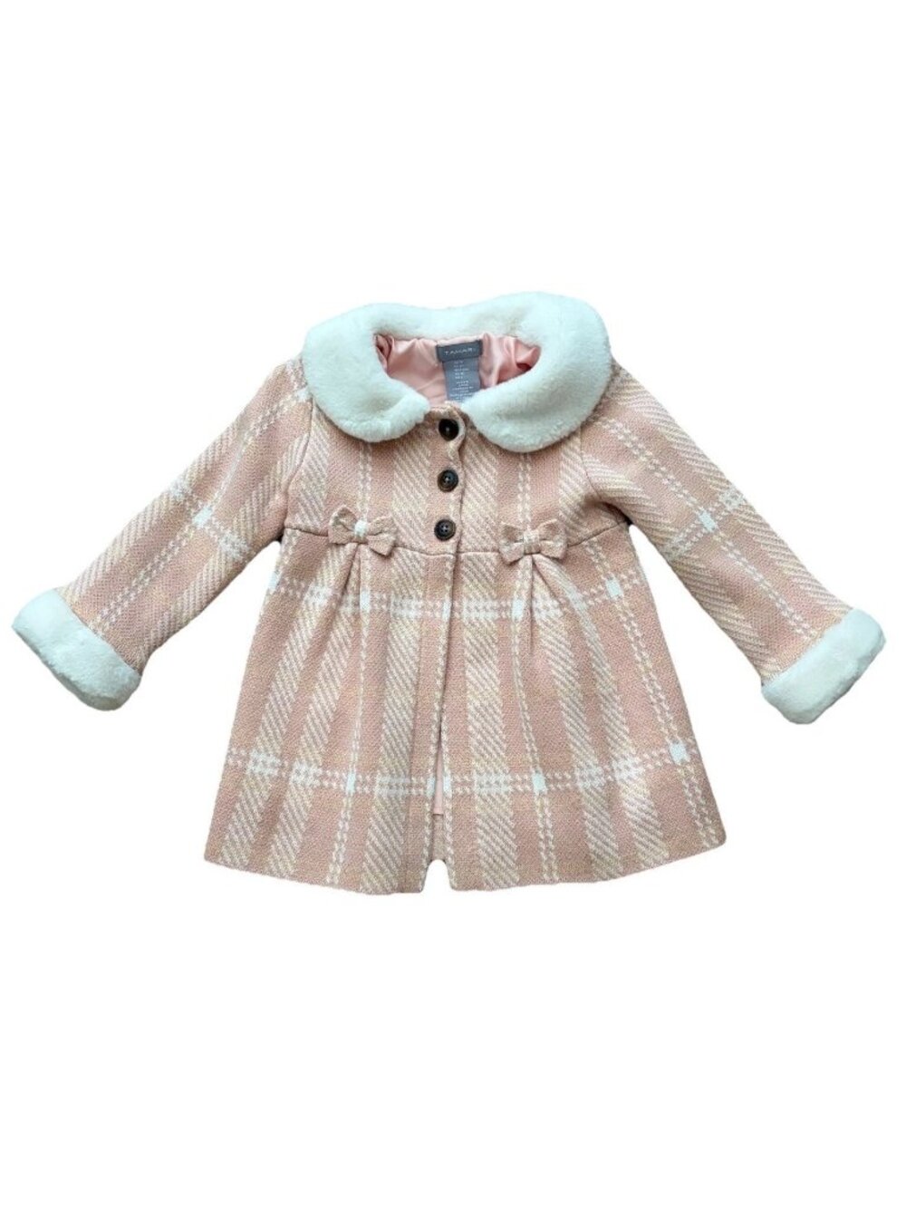 Tahari Girl Toddler Peacoat Jacket Size 2T Pink White Bows Fur Trim Button